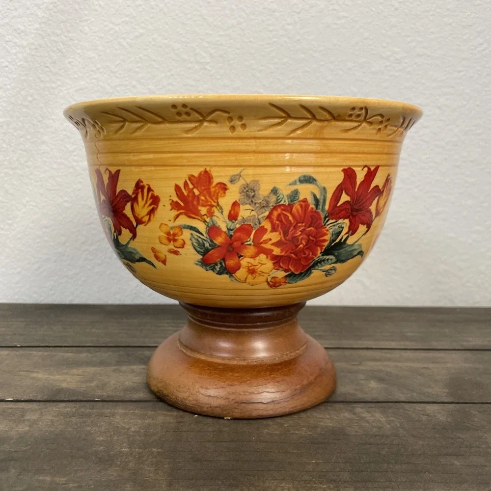FTD Ceramic Centerpiece Bowl Wood Footed Floral Vase Fall Thanksgiving Decor
